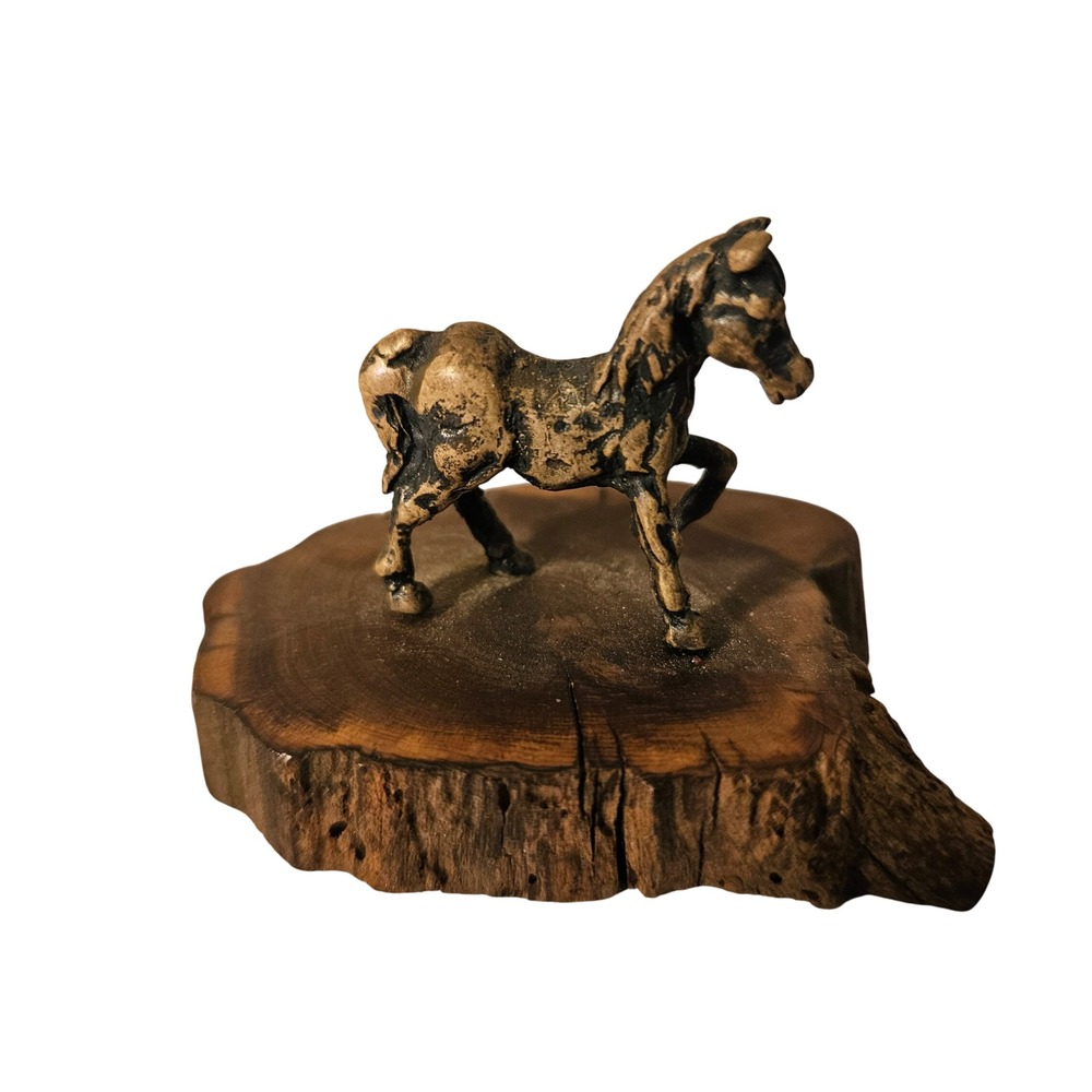 VTG Rustic Bronze Horse Sculpture Statue Figurine on Wooden Base Decor Scarponi